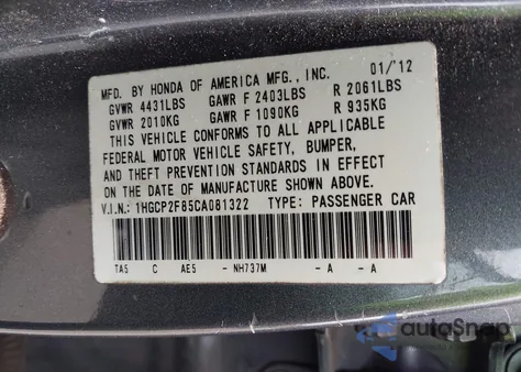 2012 Honda Accord 2.4 Ex-L z USA, uszkodzony, nr VIN 1HGCP2F85CA081322